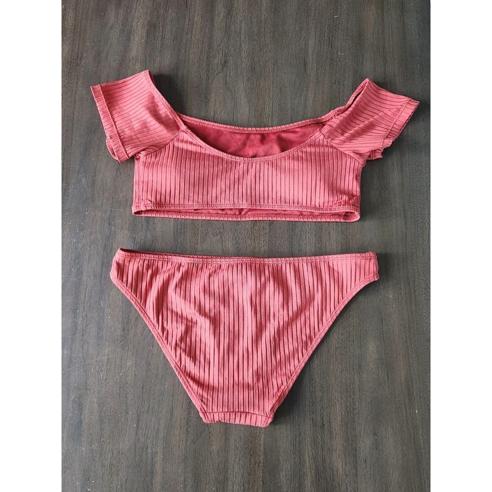 Cabana Del Sol Off The Shoulder Terracotta Ribbed Bikini 2 Piece Swimsuit M - Picture 2 of 6